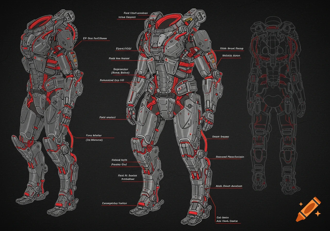 Diagram of a detailed military exoskeleton suit with red highlights and labels on black background.