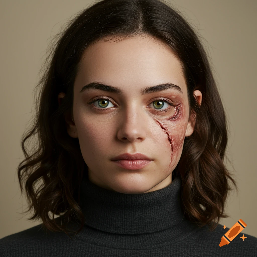 Portrait of a woman with green eyes and a realistic scar near her left eye.