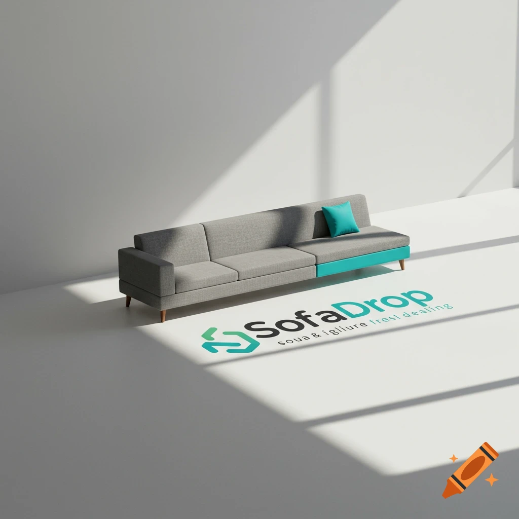 A modern grey and teal sectional sofa displayed in a bright room with a 'SofaDrop' logo on the floor.