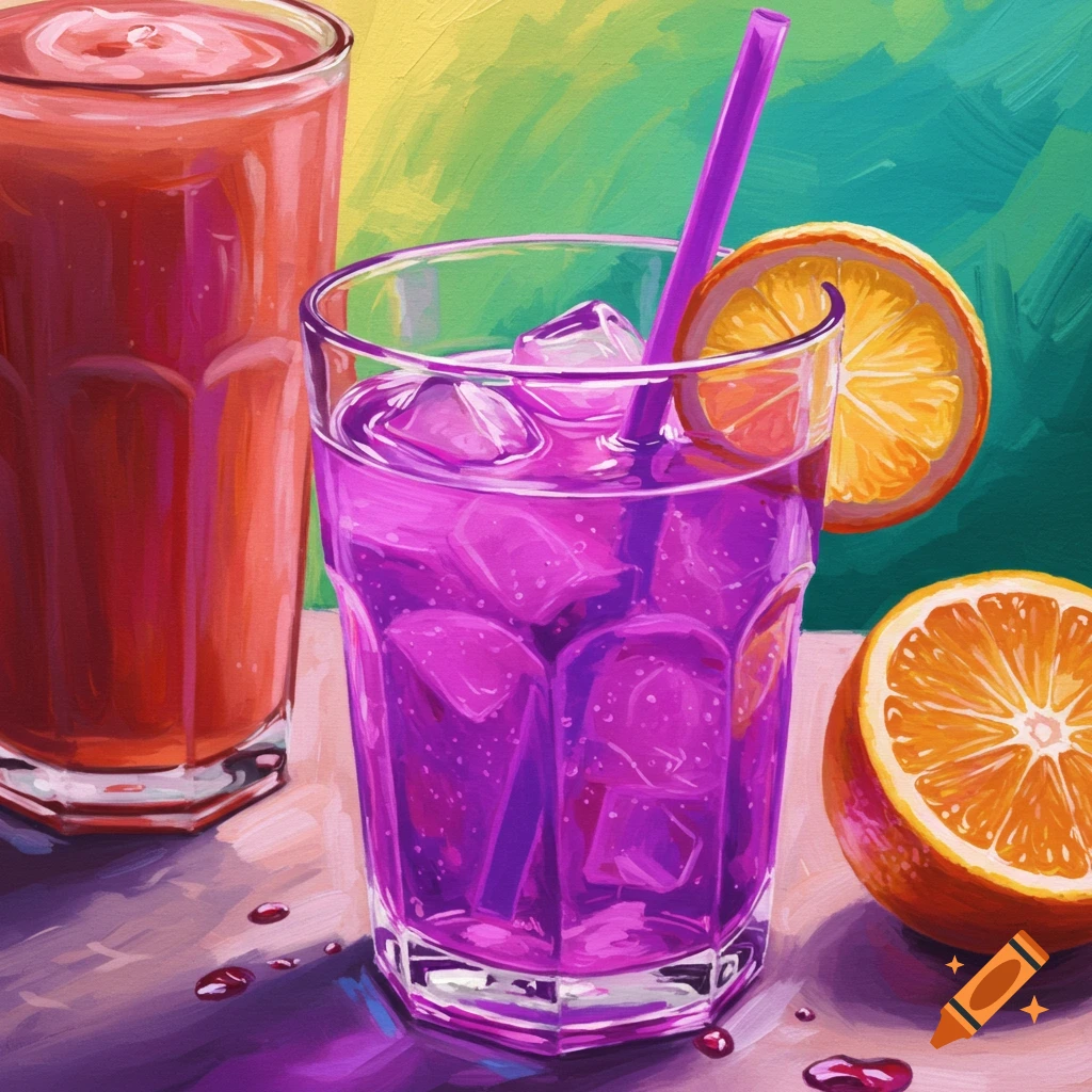 Two drinks, one purple with ice and an orange slice, and one red.
