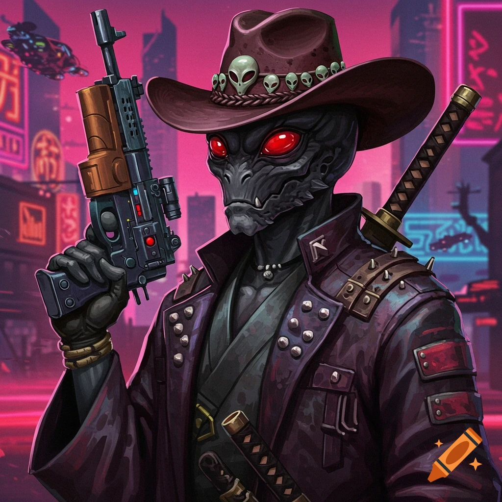 An alien in a cowboy hat and samurai clothing holds a gun in a neon city.