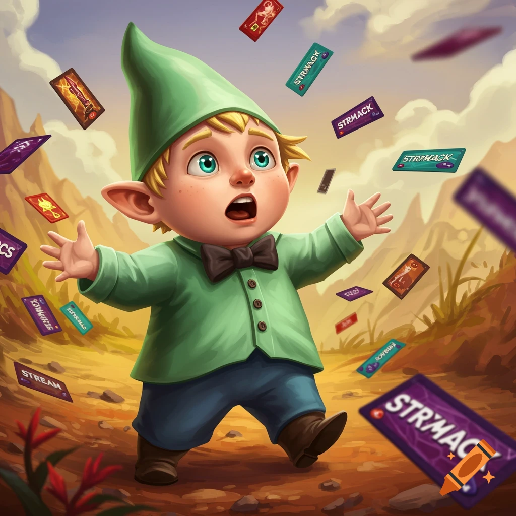 Cartoon gnome looks startled as colorful cards fall around him.