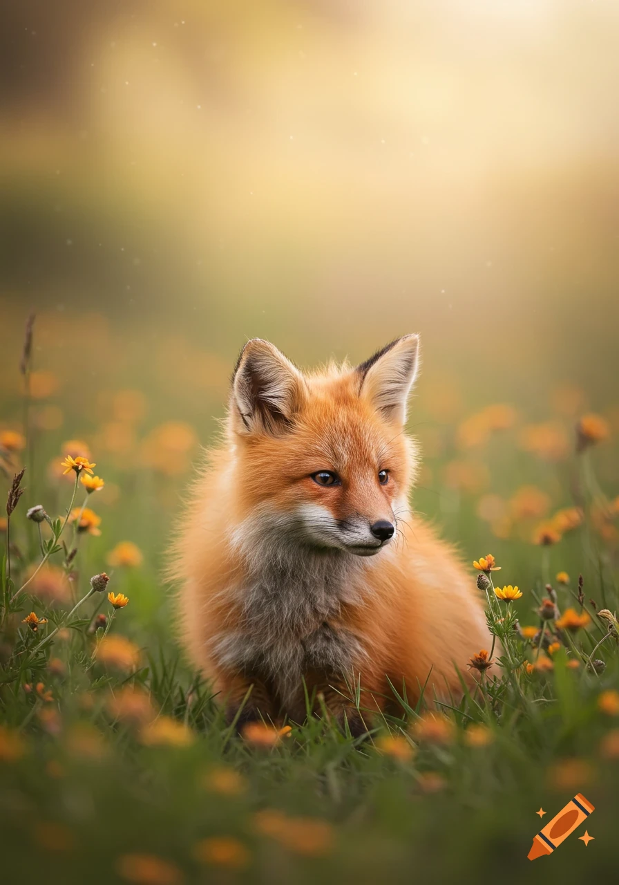 A cute red fox sitting in a field of grass and yellow flowers.