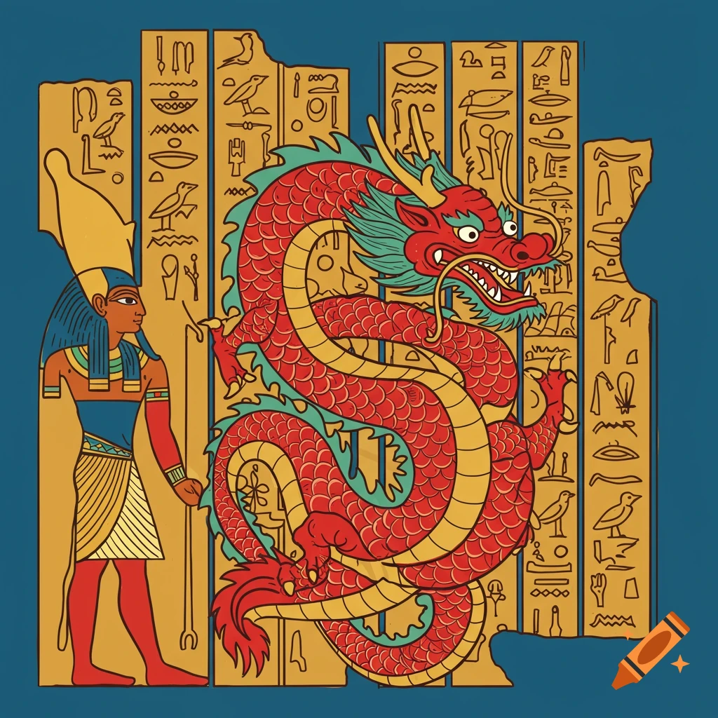 A cartoon illustration of a red Chinese dragon next to an Egyptian figure and panels with hieroglyph-like symbols.