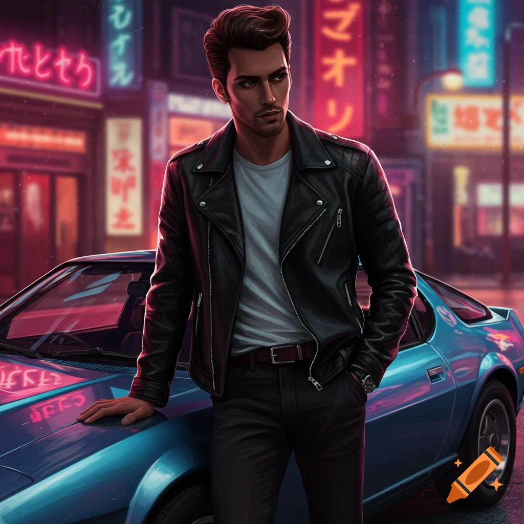 A man in a leather jacket leans on a blue sports car on a neon-lit city street.