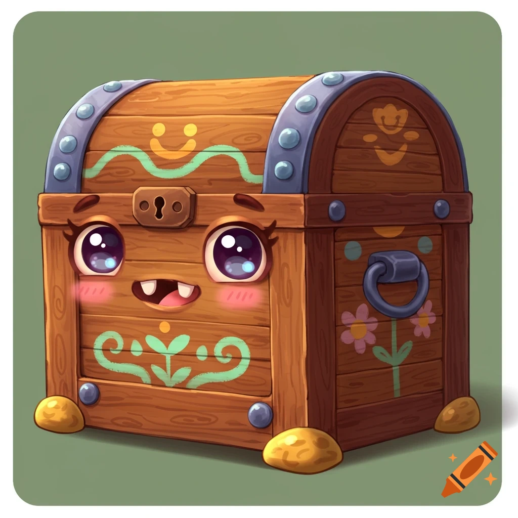 A cute, cartoonish wooden chest with a face, eyes, and mouth.