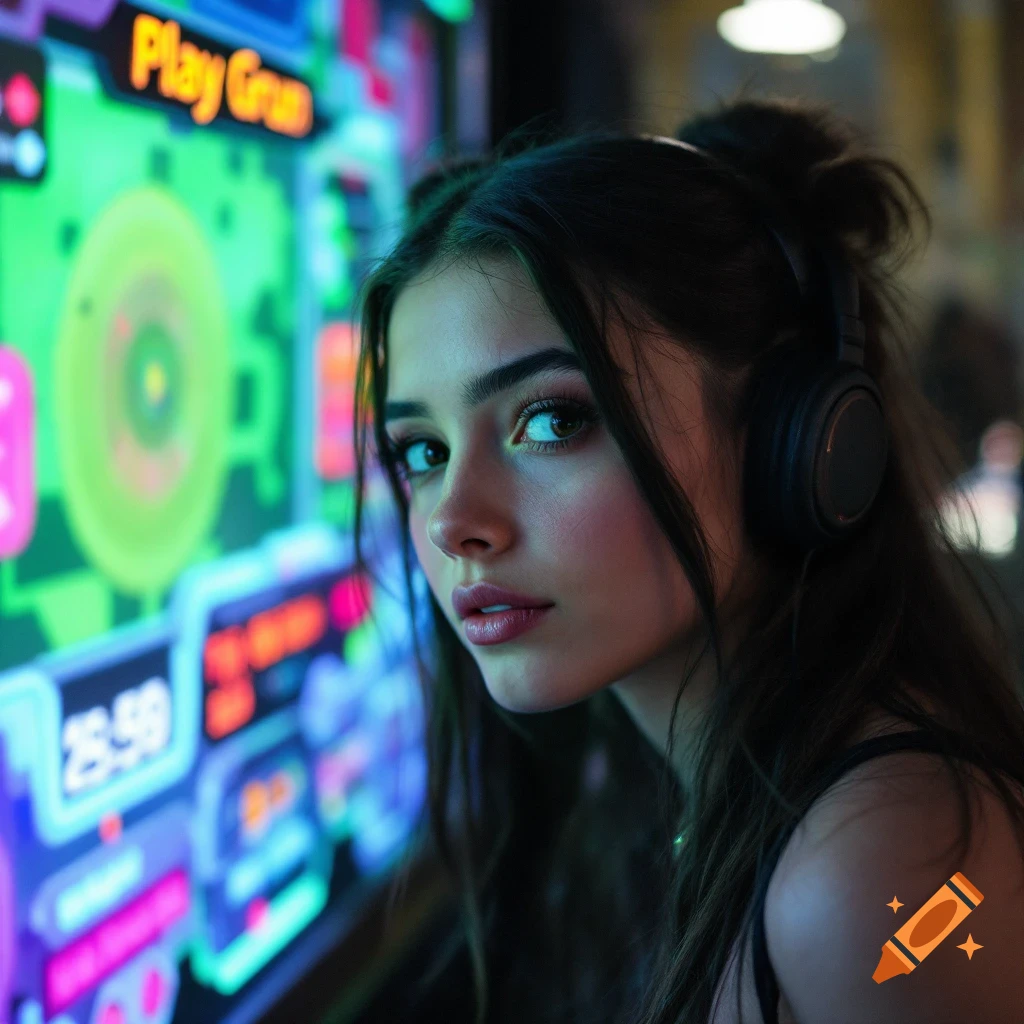 A young woman with headphones looks at the camera in front of a bright game screen.