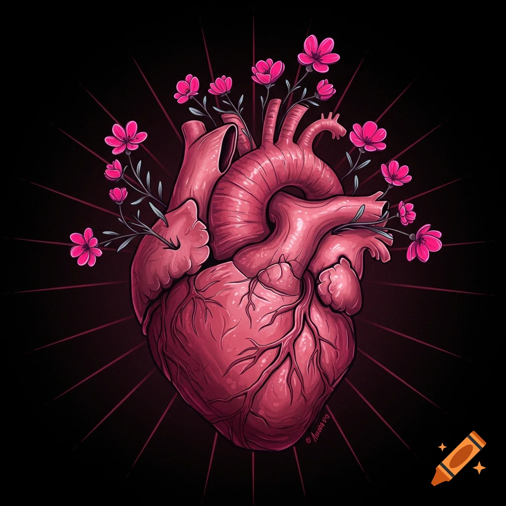 A human heart with pink flowers blooming from the top against a black background.