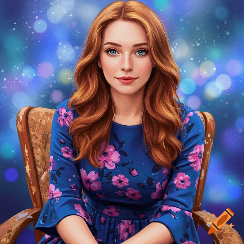 A woman with red hair and blue eyes in a floral dress sits in a chair against a blue bokeh background.