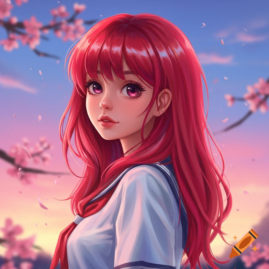 Anime girl with red hair and purple eyes in school uniform against cherry blossoms and sunset sky.