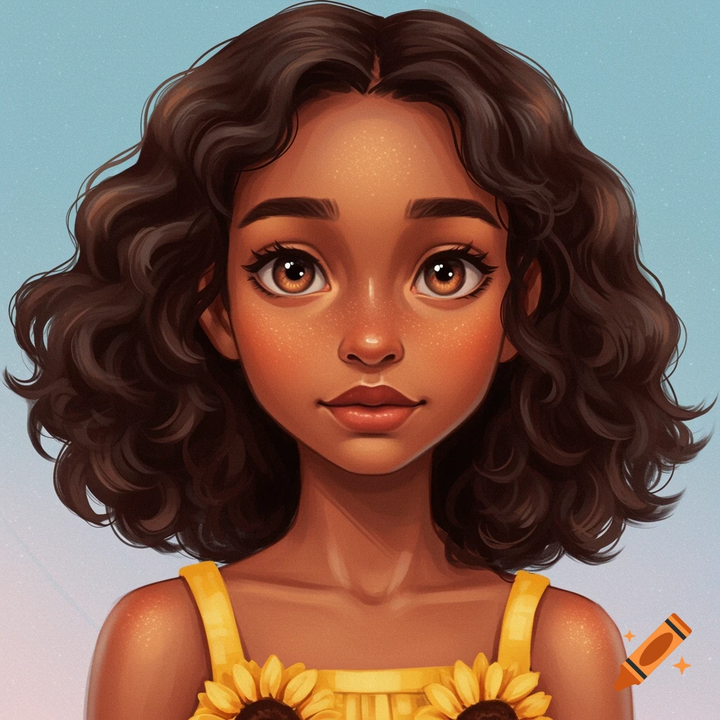 A young girl with curly hair, freckles, and a yellow sunflower dress stands against a blue background.
