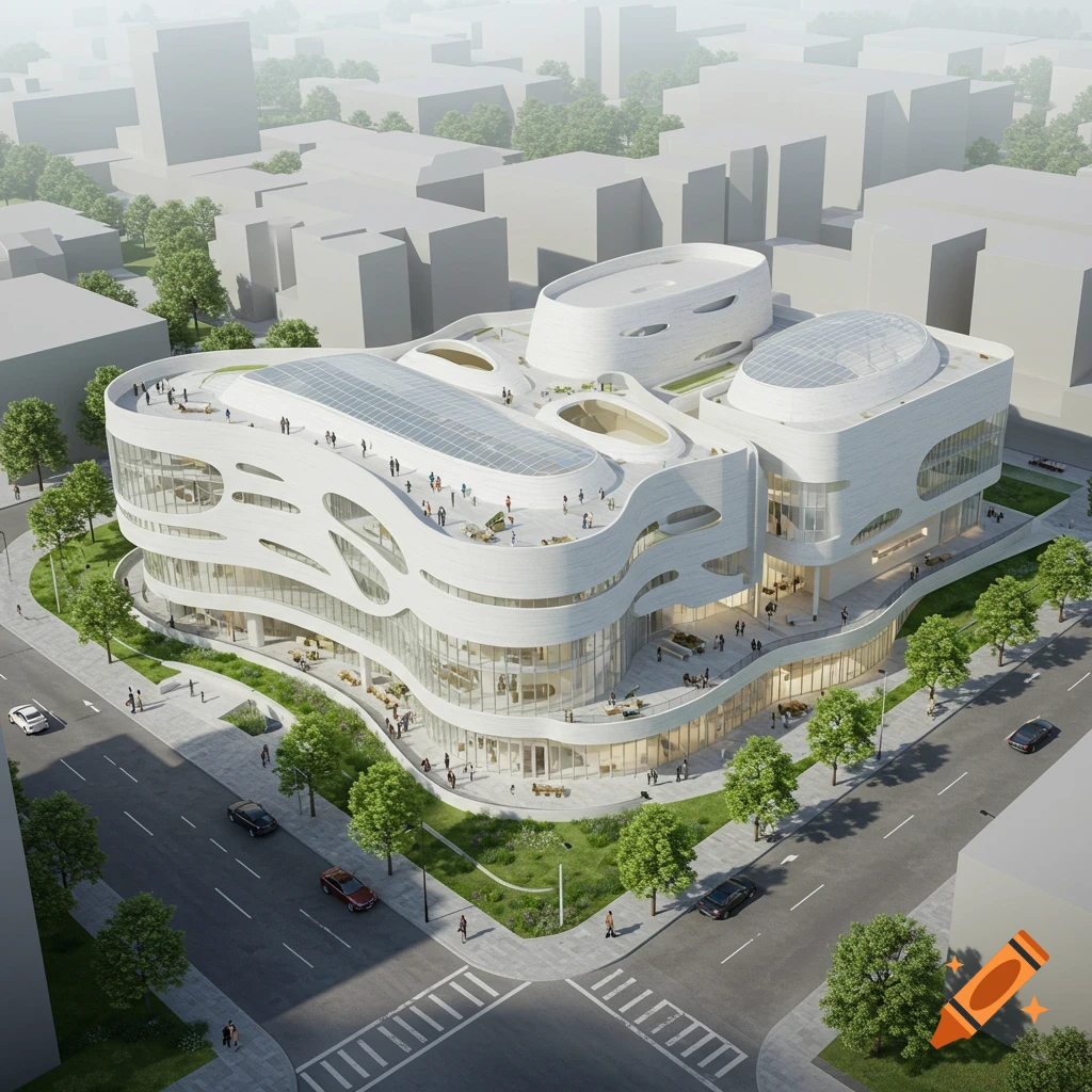 Aerial view of a modern, white building with curved walls, large windows, rooftop terrace, and skylights in a city setting.
