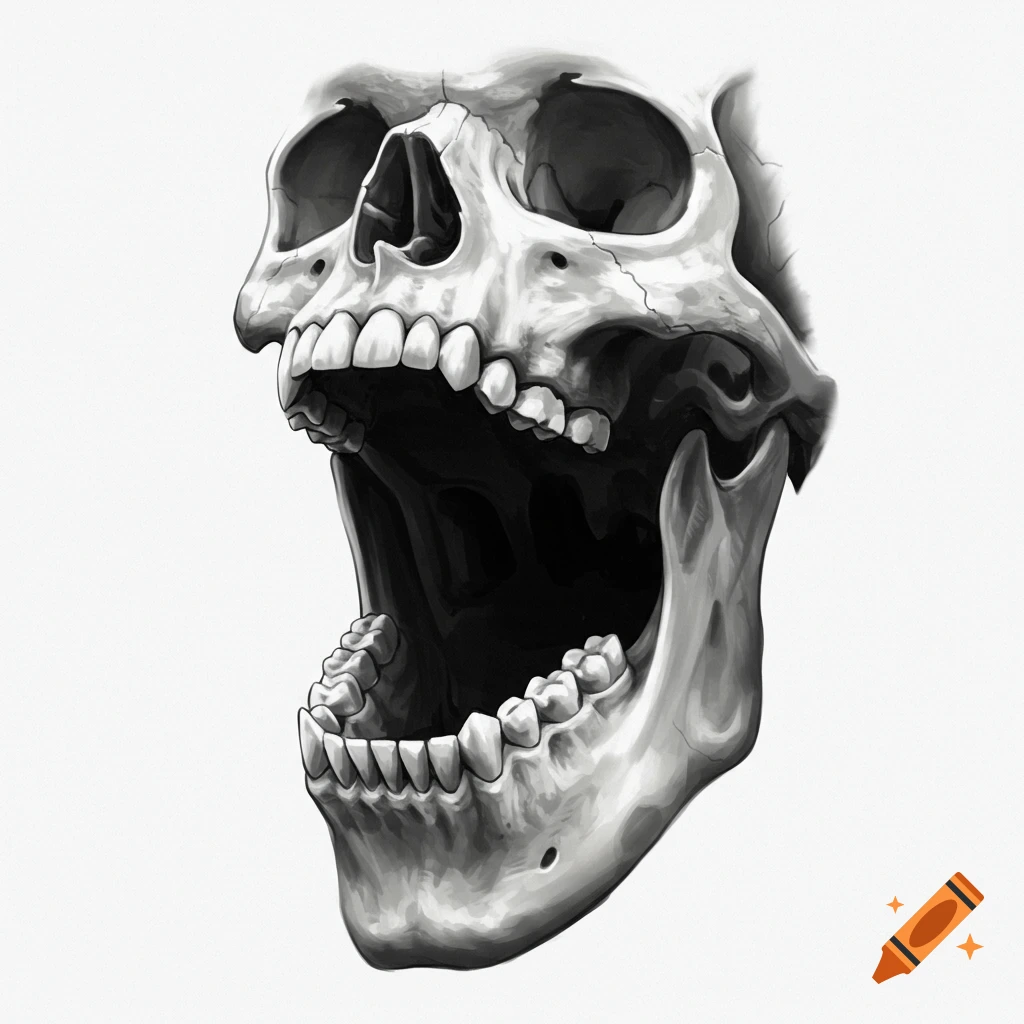 Close-up of a skeleton skull with mouth wide open on a white background