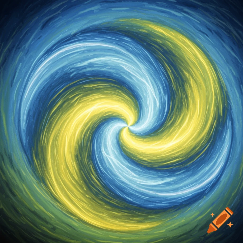 Abstract blue and yellow swirling triskelion pattern