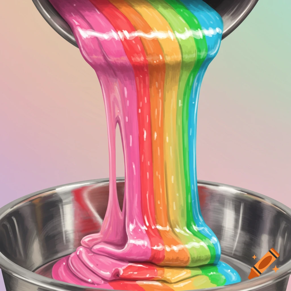 Rainbow-colored taffy pours into a metal bowl.