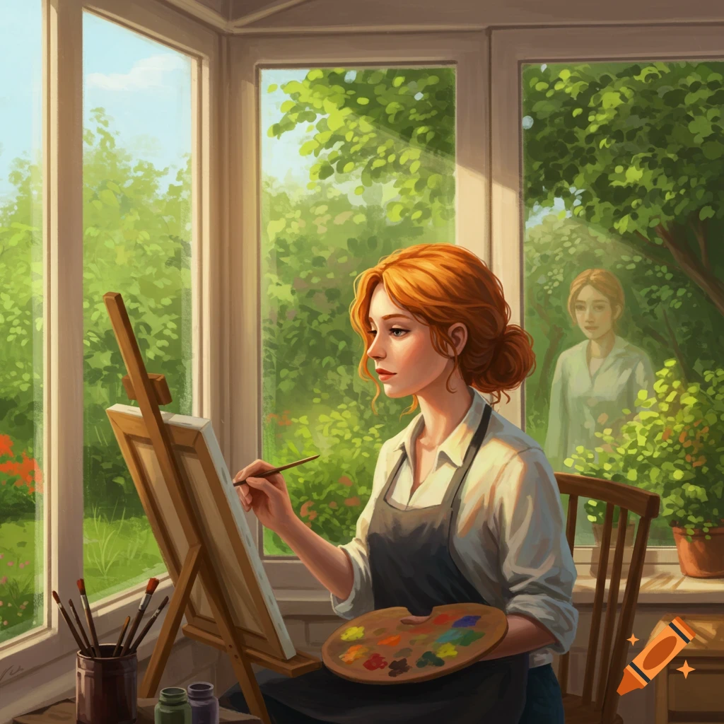 Red-haired woman painting on an easel in a sunroom with a figure visible through the window.