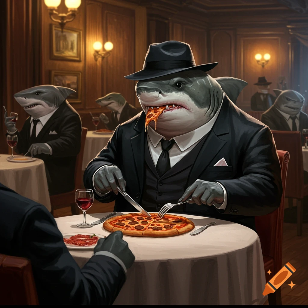 An image of a shark in a suit and fedora eating pizza with a knife and fork at a restaurant table. Other sharks in suits are in the background.