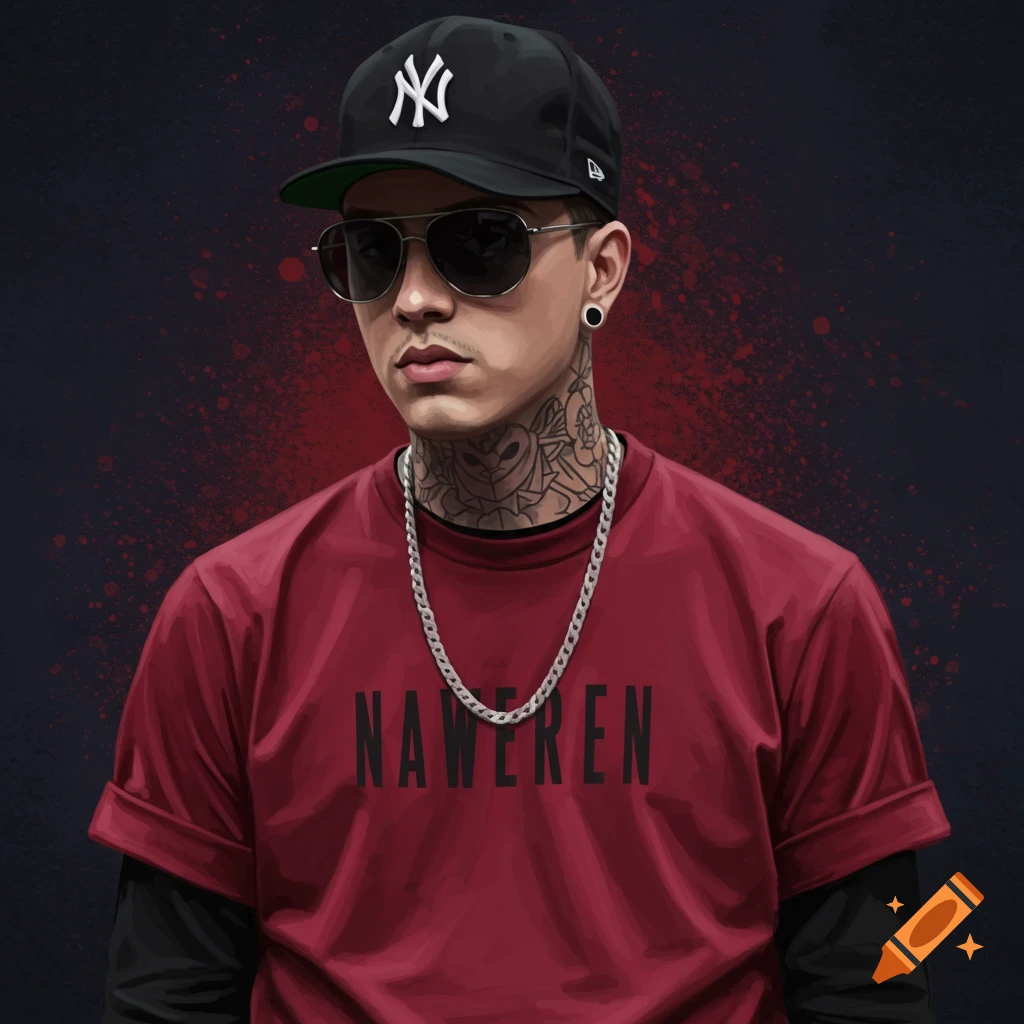 A man with tattoos, sunglasses, a baseball cap, and a chain, wearing a red shirt.