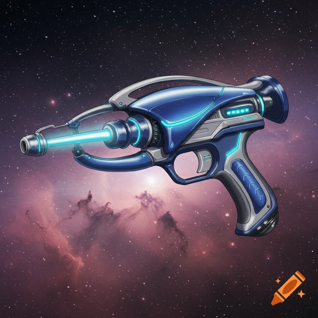A blue and grey futuristic ray gun floats in space against a nebula backdrop, digital art.