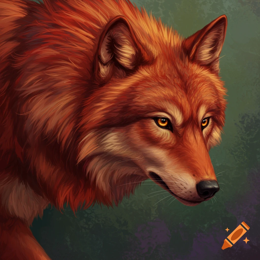 Close-up of a red-toned wolf with glowing orange eyes.