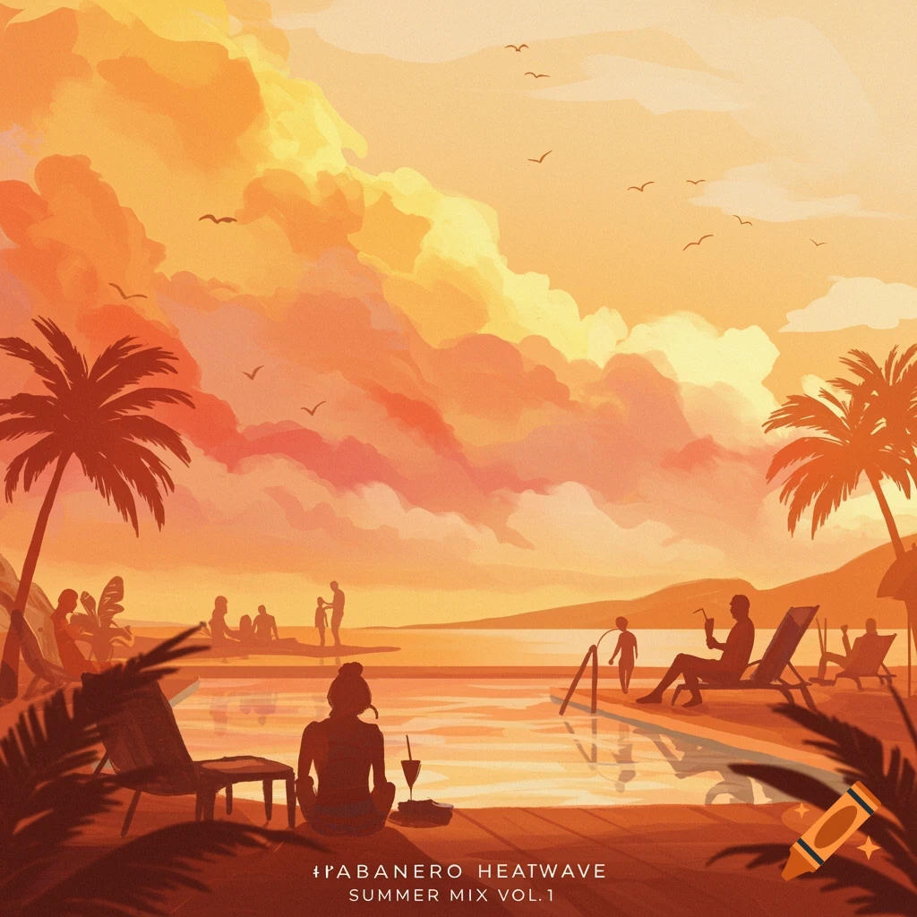 Silhouettes of people relaxing by a pool with palm trees at sunset. Text reads: HABANERO HEATWAVE SUMMER MIX VOL.1.
