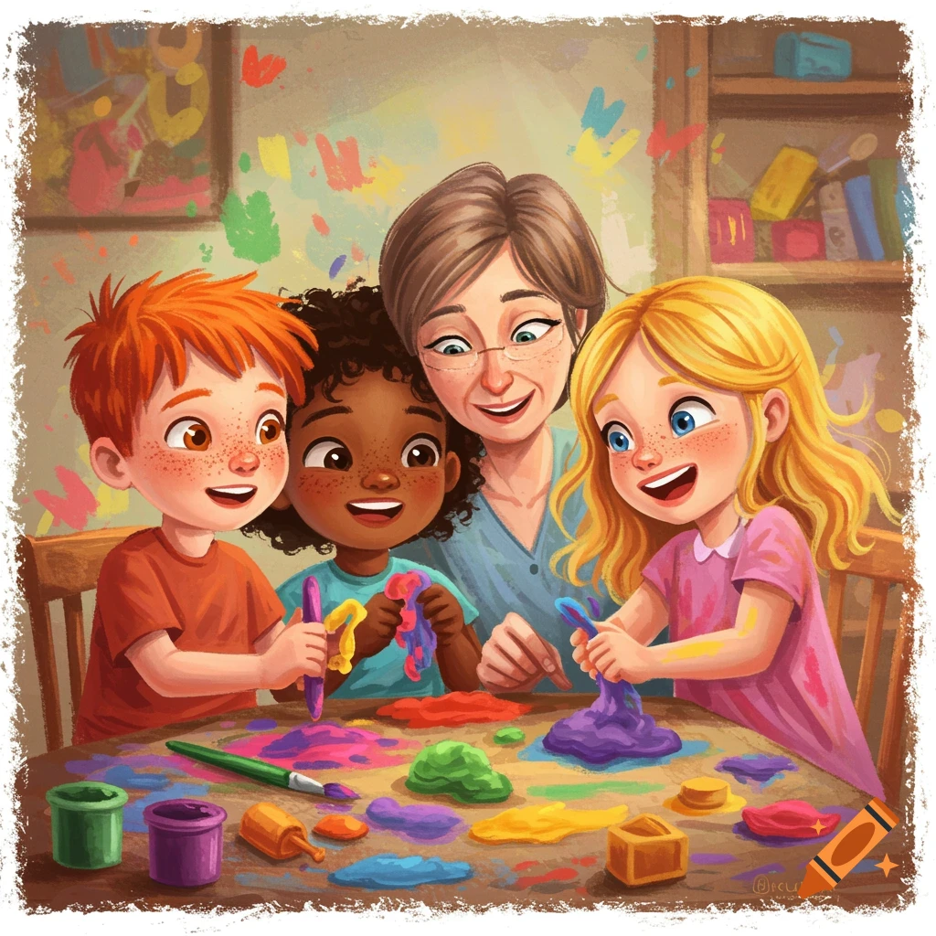 An adult and three children are playing with colorful modeling dough and paint
