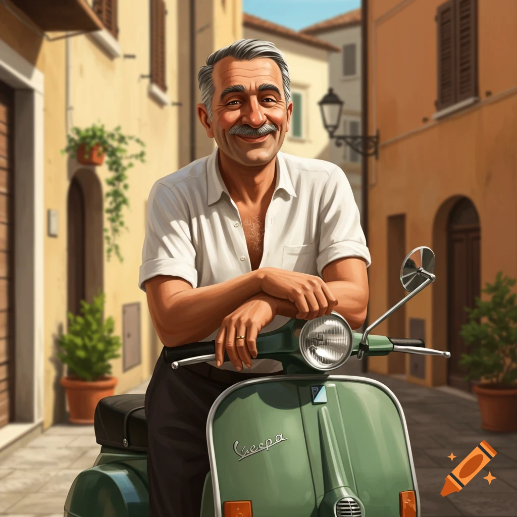 A man with a mustache leans on a green Vespa scooter in an Italian street.