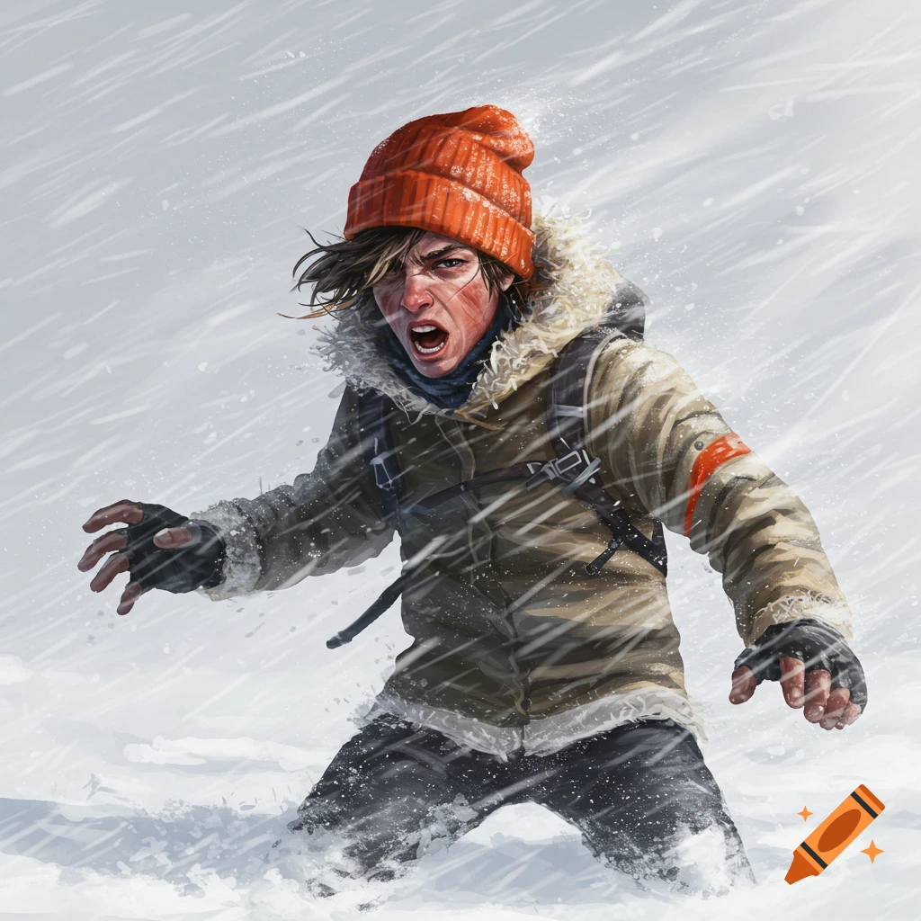 A person bundled up and struggling in a whiteout snowstorm.