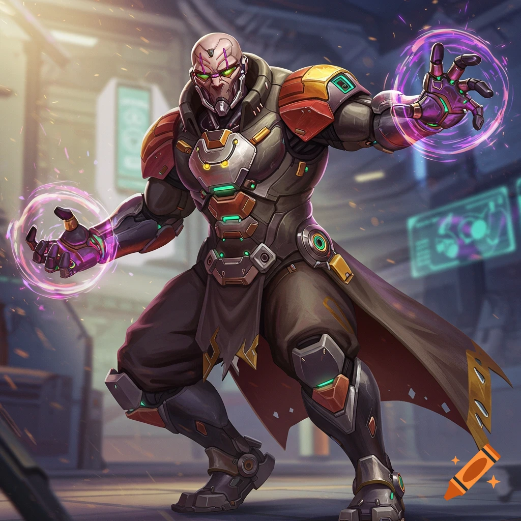 A futuristic character in armor generates purple energy in a sci-fi setting.