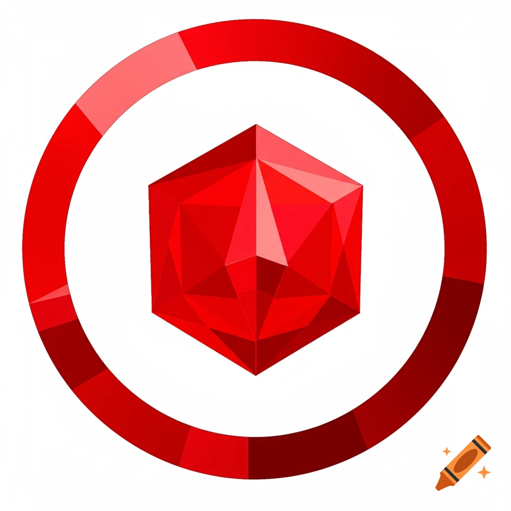 A red faceted shape inside a red segmented circle.