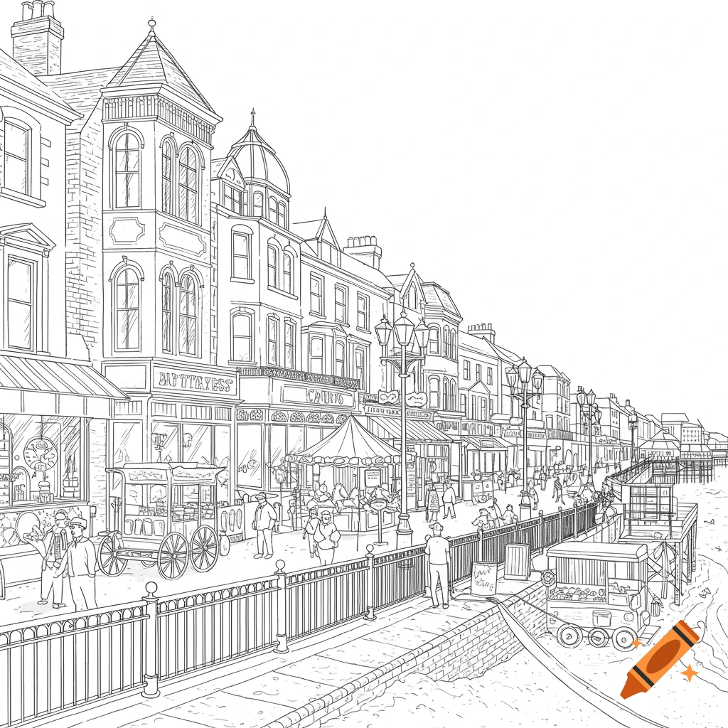 Line art drawing of a busy street scene in an old seaside town.