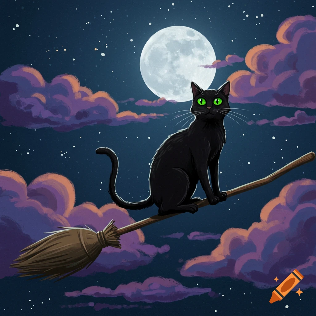 A black cat riding a broomstick through a night sky with a full moon ...
