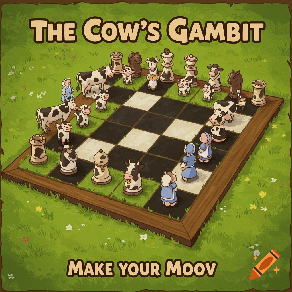 Cartoon digital painting of a cow-themed chess board with cow and person pieces and text 
The Cow’s Gambit
 and 
Make Your Moov
.