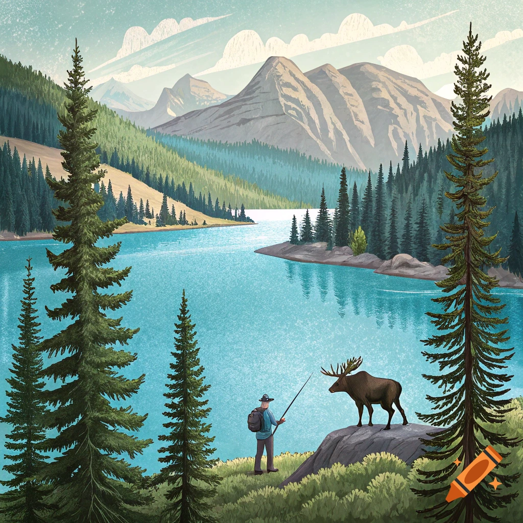 Illustration of a fisherman casting into a lake with a moose nearby, surrounded by pine trees and mountains.
