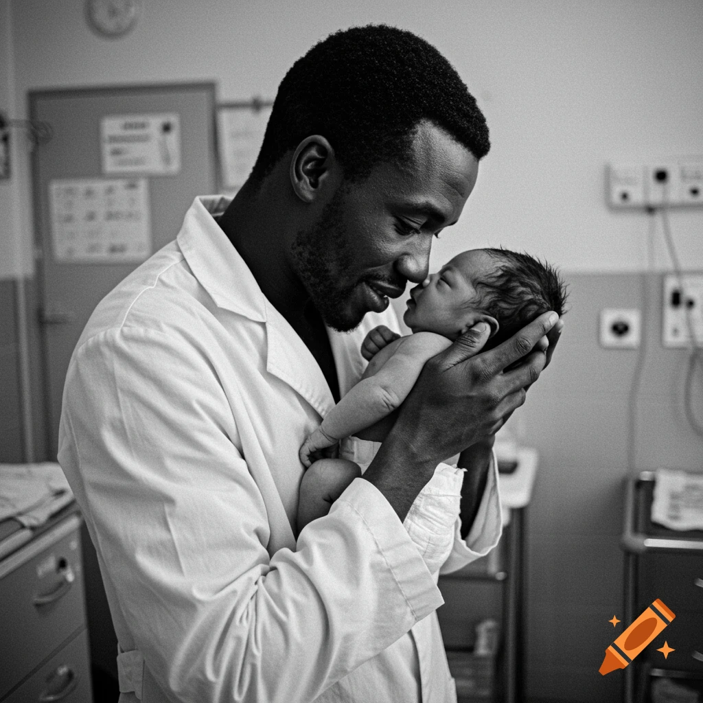 A black and white photo of a man in a white coat holding a newborn baby.