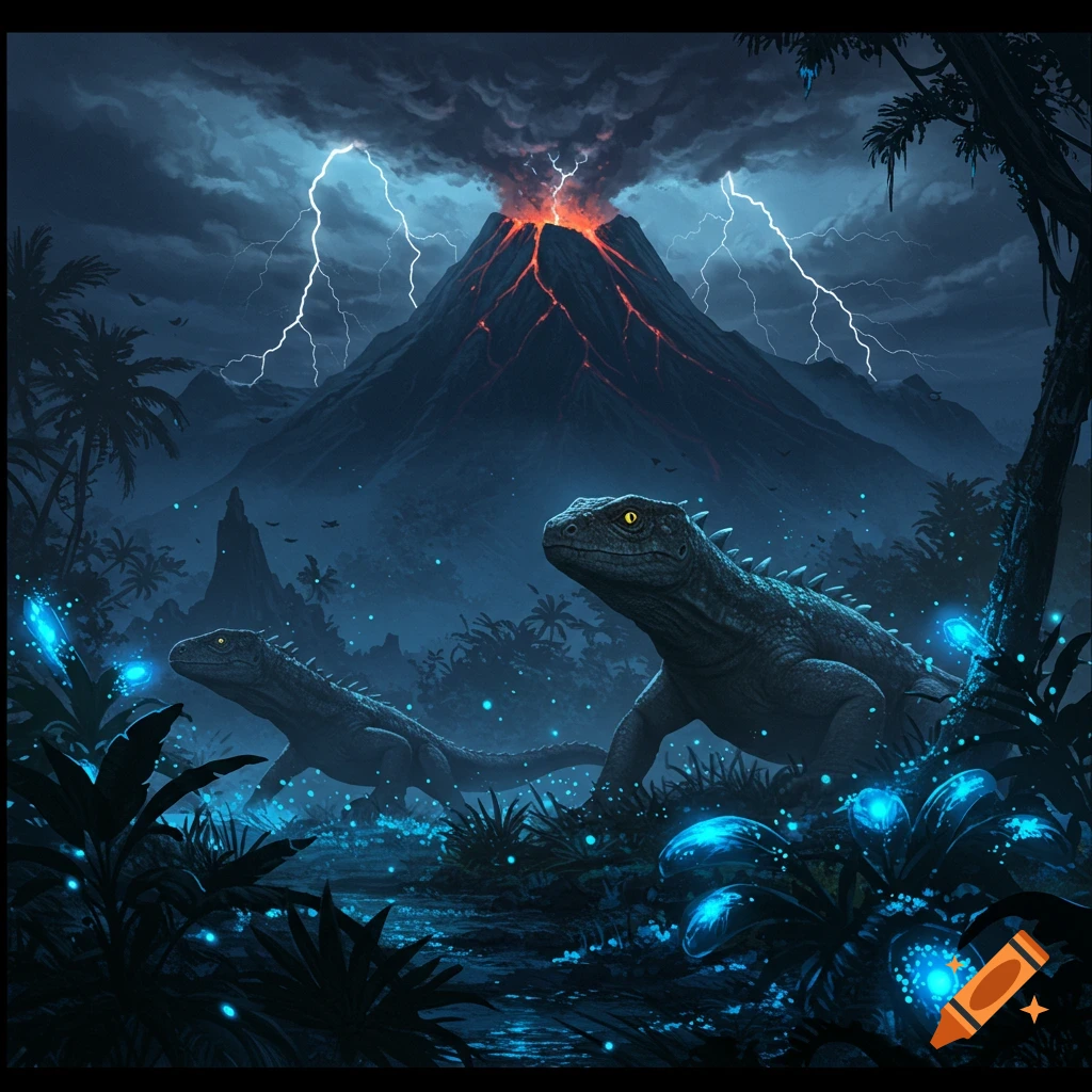 Two large lizards among glowing blue plants before an erupting volcano and stormy sky.