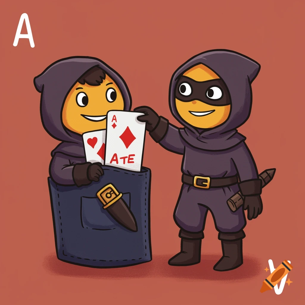 Cartoon illustration of two hooded figures, one stealing an Ace of Diamonds card from the other's pocket.