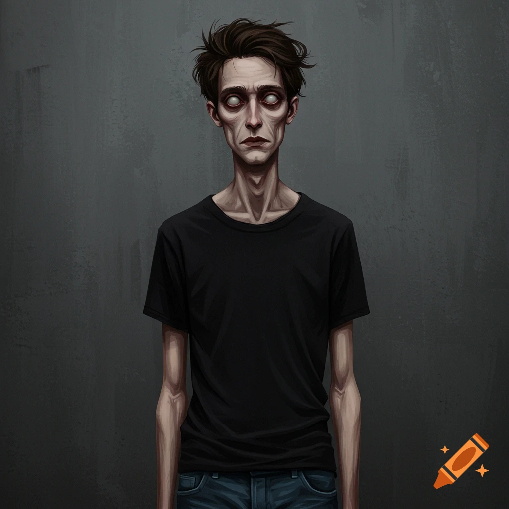 A gaunt man with white eyes and messy hair wears a black t-shirt and jeans.