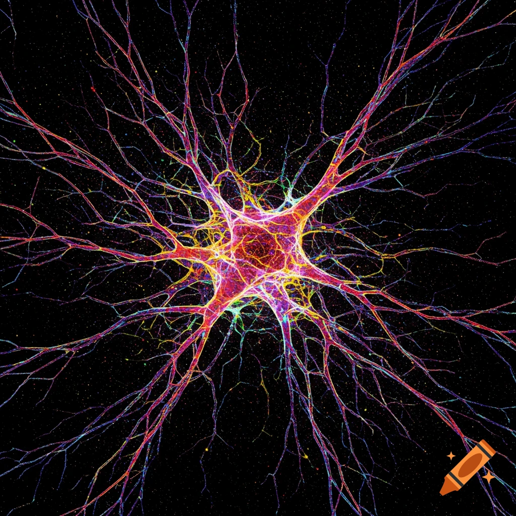 A vibrant, colorful abstract illustration of a neuron or neural network against a dark background.