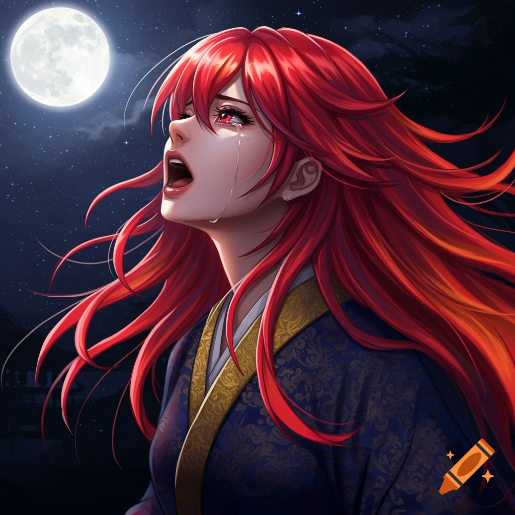 Anime portrait of a woman with red hair in a kimono crying up at the full moon in the night sky.