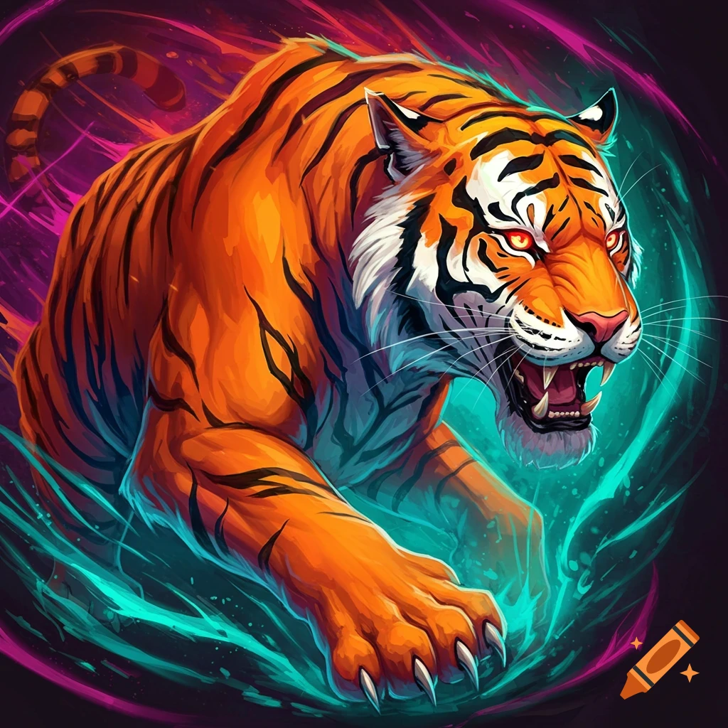 Dynamic image of a tiger leaping surrounded by glowing energy.