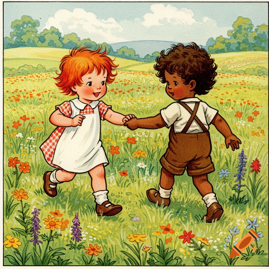Vintage illustration of two children running through a field of wildflowers, holding hands