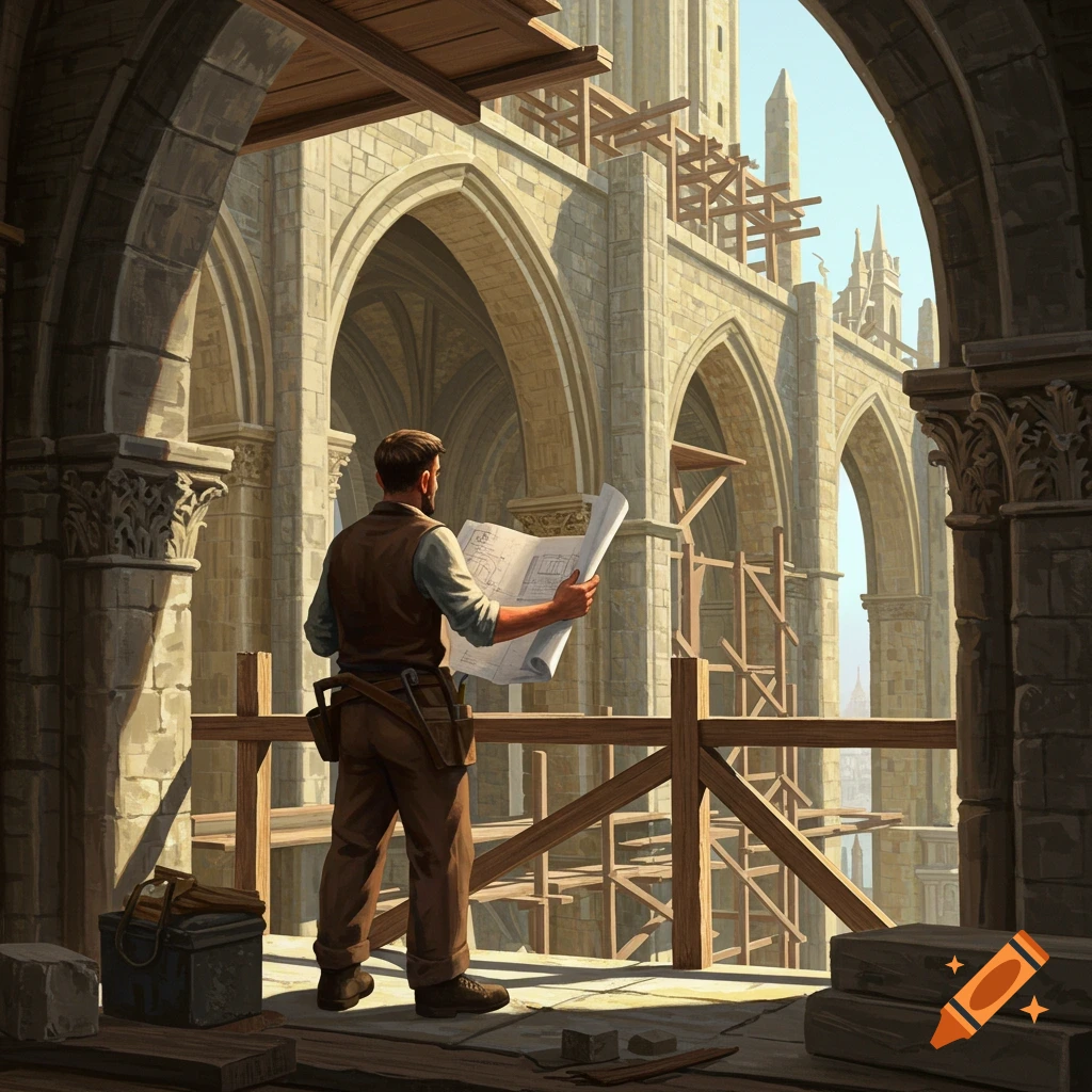 A man looks at blueprints inside a partially constructed cathedral.