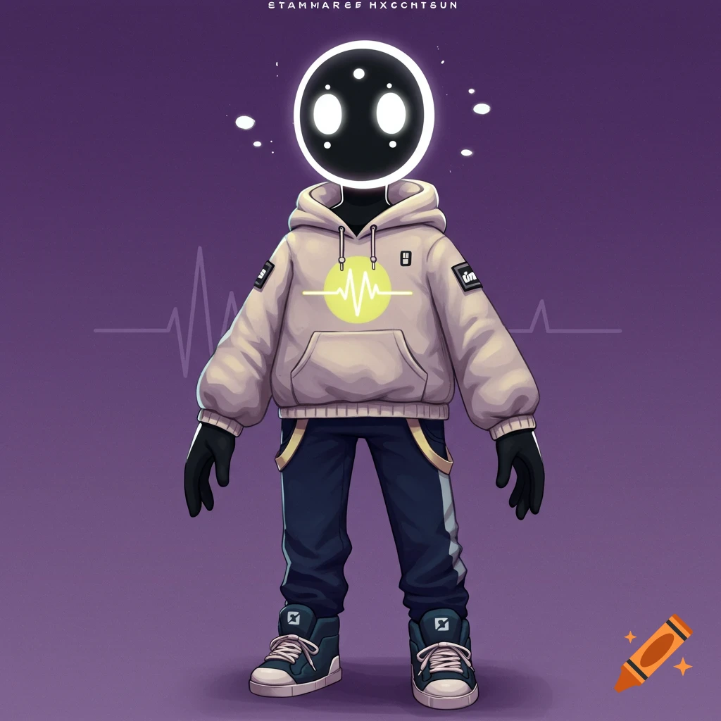A stylized character in a hoodie and sneakers with a glowing head and chest orb against a purple background.