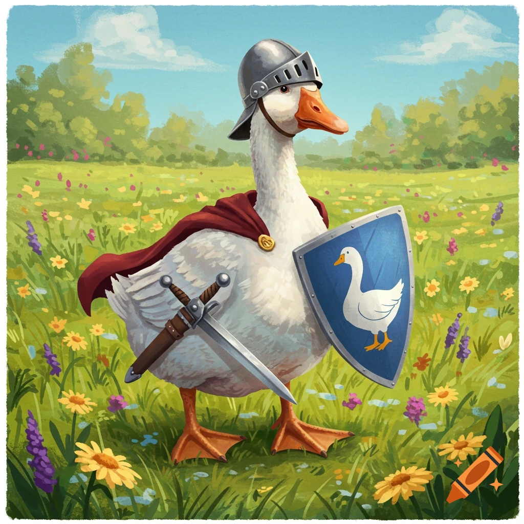 A white goose wearing knight's armor, including a helmet, red cape, shield with a goose emblem, and carrying a sword, stands in a field of flowers.