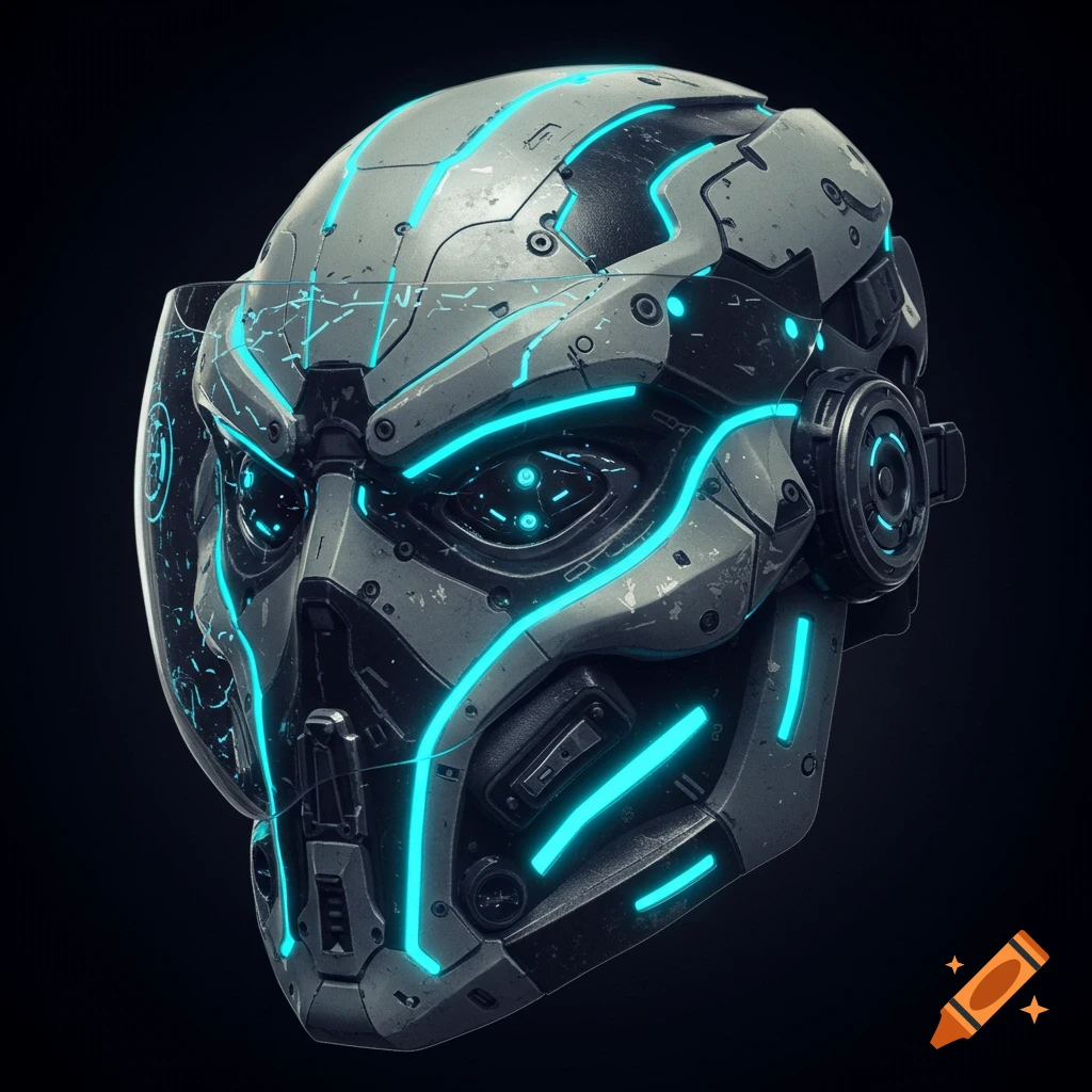 Close-up of a futuristic metallic mask with bright blue glowing lights against a black background.