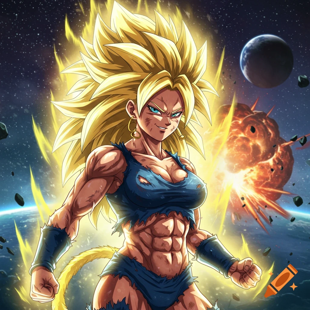 Muscular anime woman with spiky blonde hair and aura in front of exploding planet.