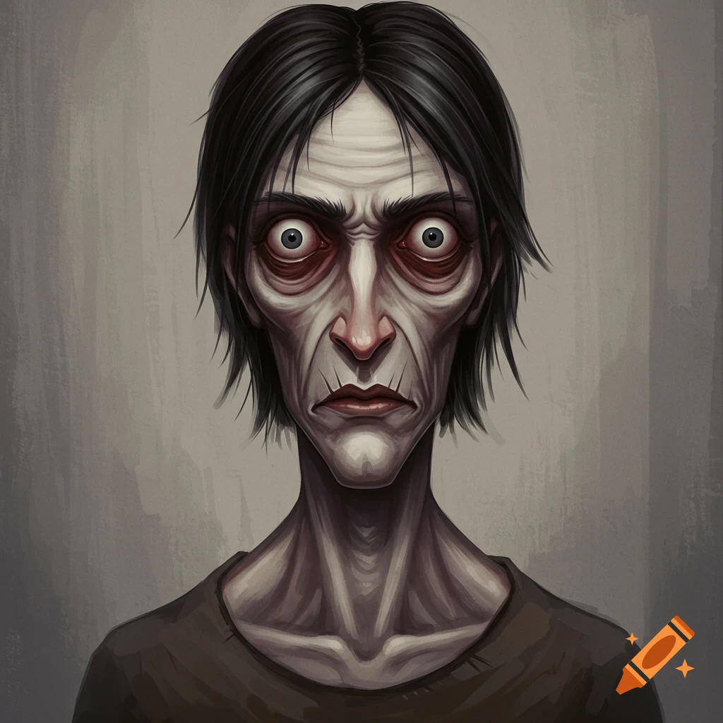 A gaunt, creepy person with large, wide eyes and dark hair.