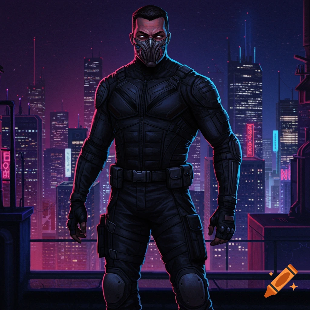 A person in a black vigilante suit and mask stands on a rooftop overlooking a neon cyberpunk city at night.