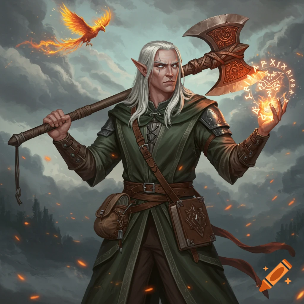 A stoic elven wizard holding an axe, casting a glowing spell with runes, with a phoenix in the sky.